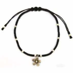 Black waxed &amp; Silver Flower Bracelet