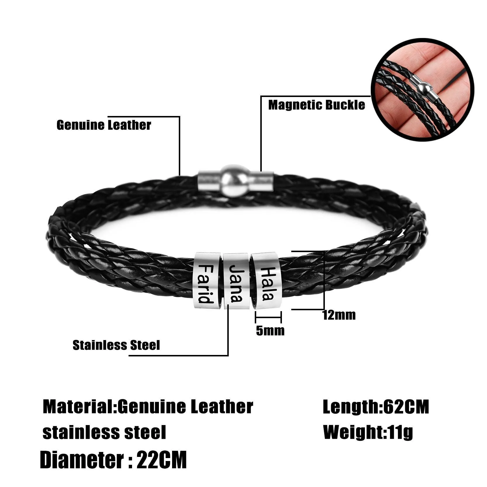 Personalized Men Bracelet | Family Names Men Leather Bracelet | Men Engraved Bracelet | Men's Custom Bracelet Bangle | Silver Bead Bracelet